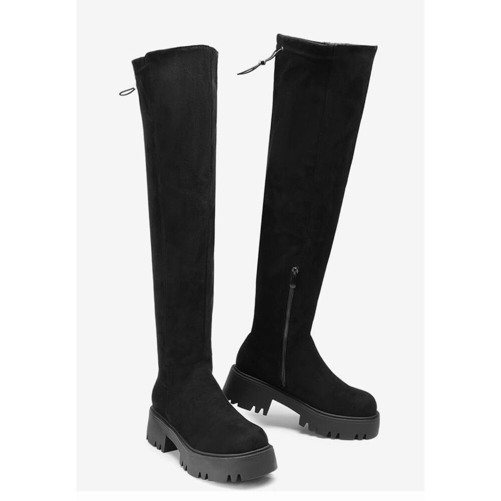 Women's boots Platform Over The Knee Lug Sole Round Toe Thigh High suede black